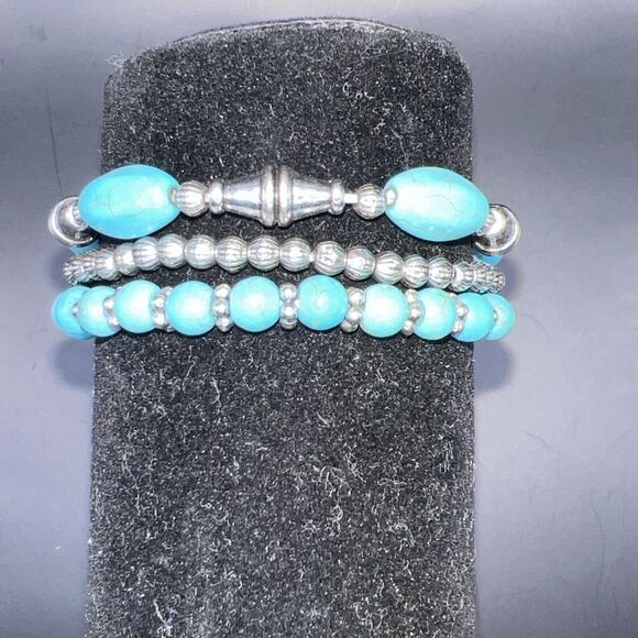 Bracelet Silver Stretch Bangle Multi Layering Blue Boho Western Turquoise - Picture 5 of 10